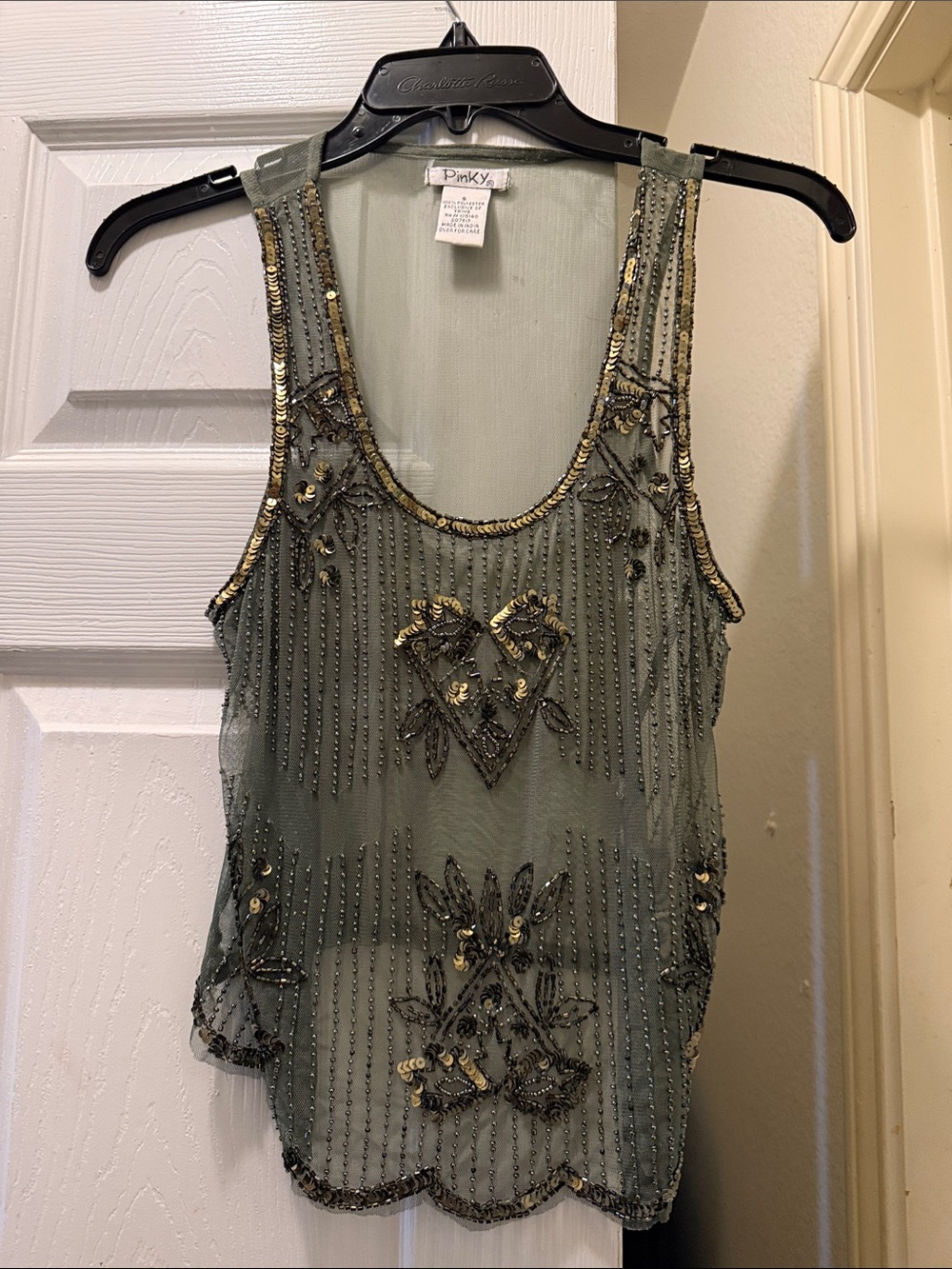 Pinky Olive Green Beaded Mesh Camisole with Gold Accents